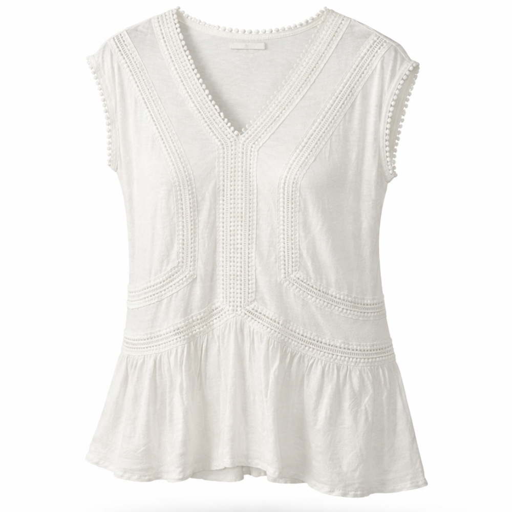 LOFT | White Sleeveless Crochet Trim Peplum Boho Top • Size M• Linen Blend